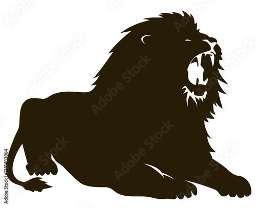 Muscular lion roaring, dramatic silhouette against white background, showing raw power and majesty of a wild African predator