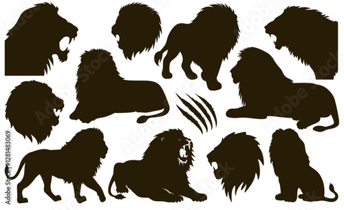 Lion silhouettes with powerful stance and mane, royal profile, contrasting backgrounds, representing wild nature and predator strength