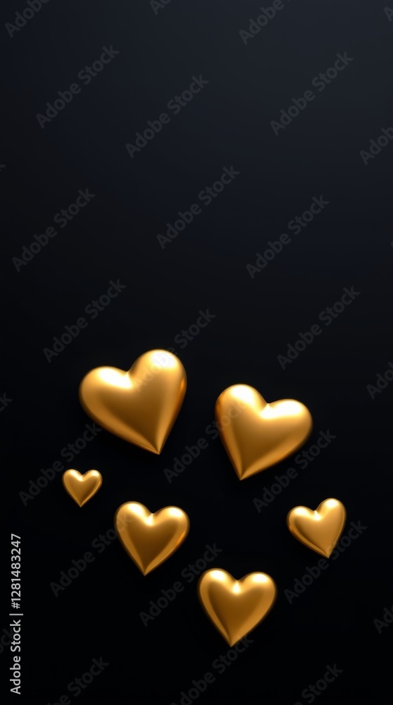 Fototapeta premium Luxurious minimalist design with golden hearts on black matte background