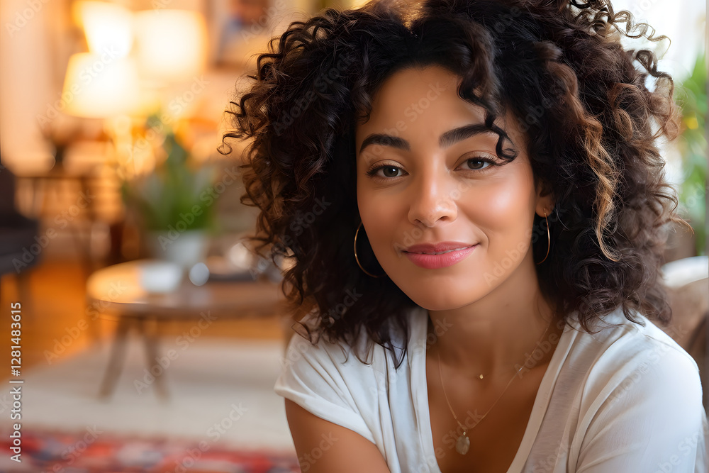 Fototapeta premium A woman with curly hair is sitting on a couch and smiling