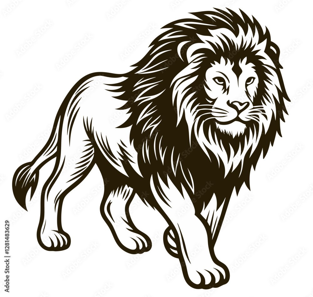 Fototapeta premium Muscular lion walking on savanna grasslands, strong big cat with regal mane, powerful wild animal, African wildlife, symbol of strength and leadership