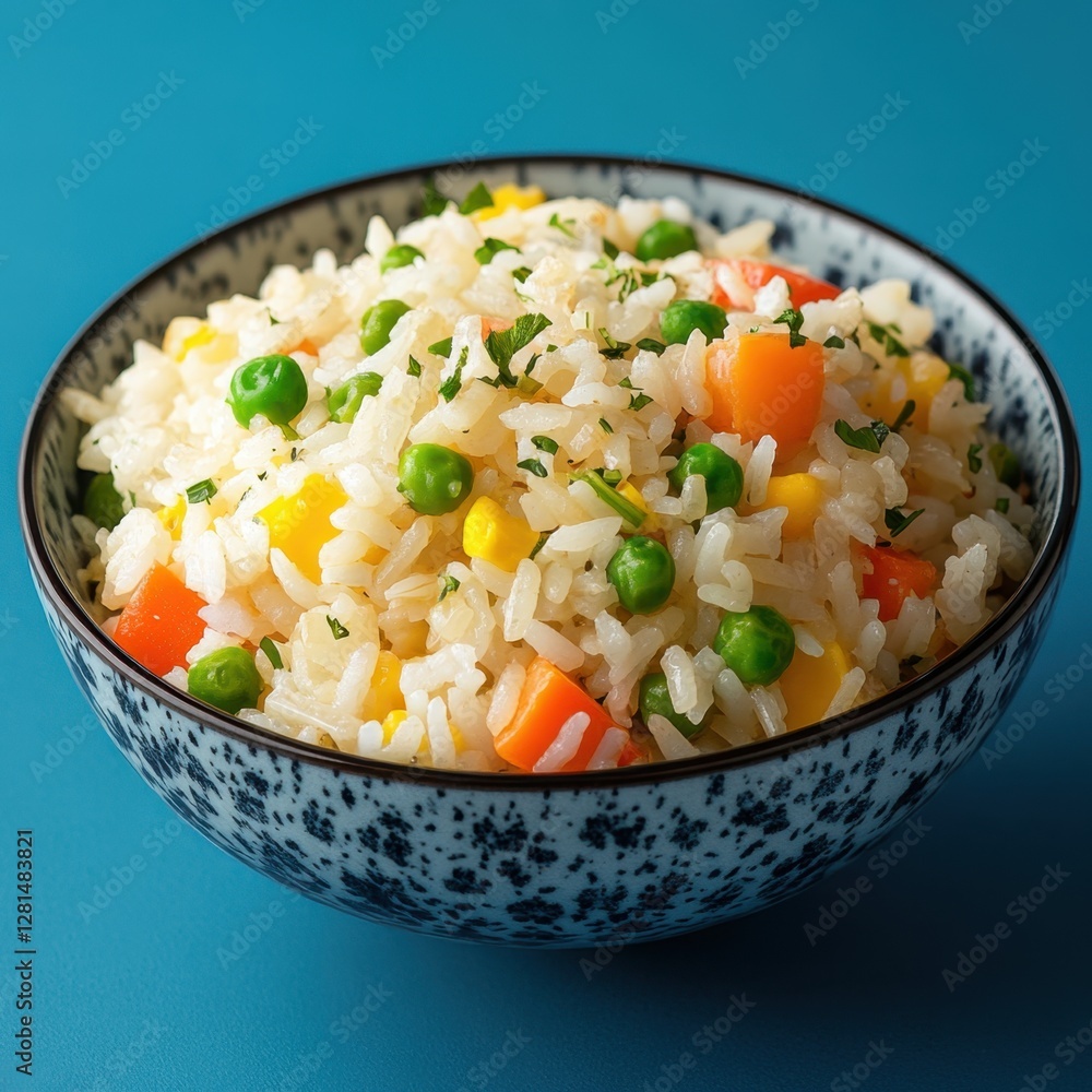 Delicious fried rice with peas carrots and corn in patterned bowl against vibrant blue background showcasing vibrant colors and fresh ingredients Delicious fried rice with peas carrots and corn in patterned bowl against vibrant blue background showcasing vibrant colors and fresh ingredients