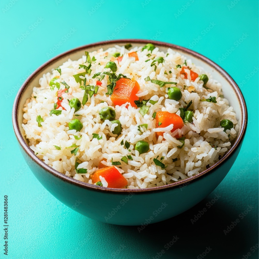 Delicious and colorful rice dish with carrots peas and herbs in a bowl on a vibrant turquoise background close up shot Delicious and colorful rice dish with carrots peas and herbs in a bowl on a vibrant turquoise background close up shot