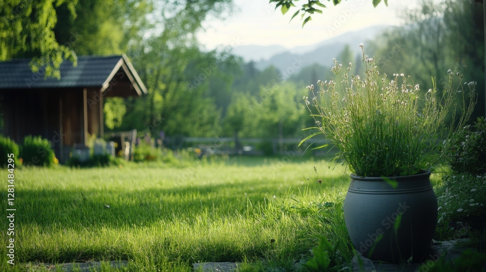 Serene Garden Landscape with Green Grass and Potted Plant Near Cabin Serene Garden Landscape with Green Grass and Potted Plant Near Cabin