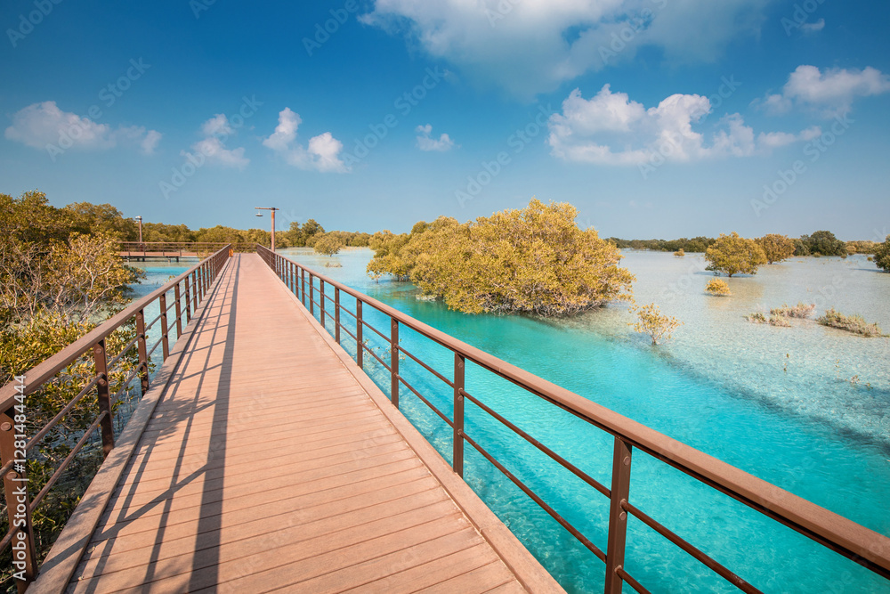 Scenic view of the wooden boardwalk extending through the turquoise waters and lush mangroves, a serene oasis in Abu Dhabi