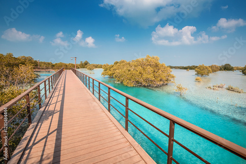 Obraz na płótnie Scenic view of the wooden boardwalk extending through the turquoise waters and lush mangroves, a serene oasis in Abu Dhabi w salonie