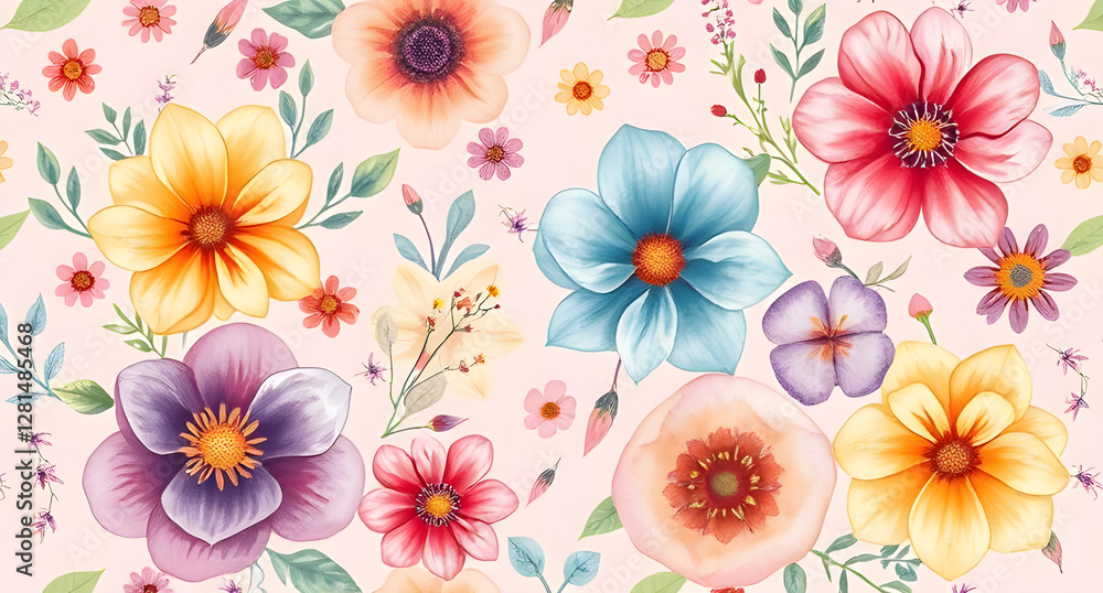 A beautiful floral pattern with various flowers in pastel colors on a light pink background A beautiful floral pattern with various flowers in pastel colors on a light pink background