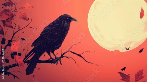 A solitary crow perched on a branch against a vibrant sunset, with a large moon illuminating the night sky photo