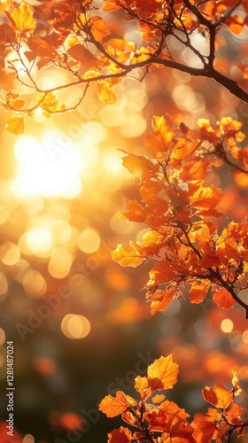 Enchanting autumn foliage illuminated by golden sunlight creating a warm and inviting atmosphere with vibrant colors and bokeh effect