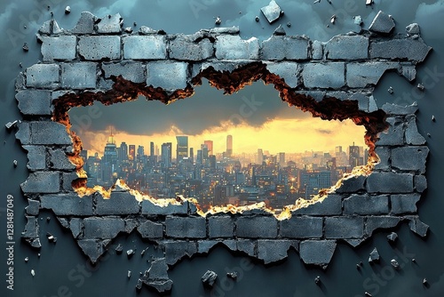 Breakthrough Cityscape Revealed Through Broken Brick Wall