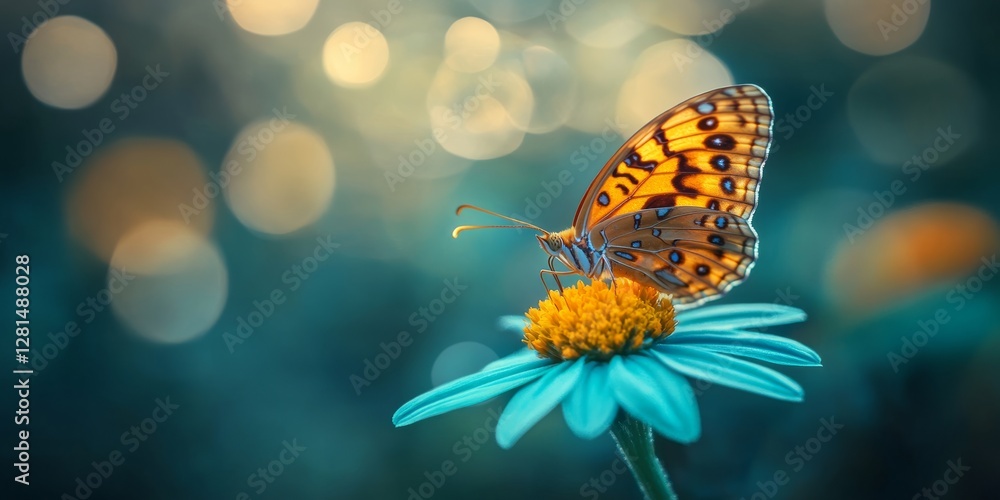 A beautiful butterfly is gently perched on top of a blue flower A beautiful butterfly is gently perched on top of a blue flower