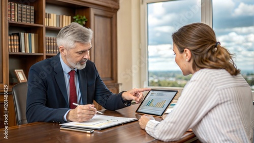 Wallpaper Mural Business meeting between man and woman discussing financial data on tablet in modern office Torontodigital.ca