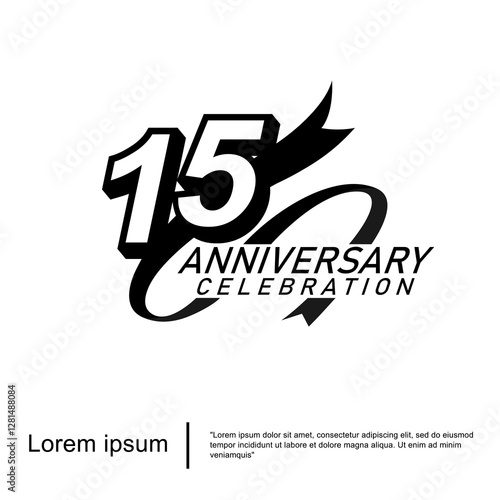 15th years anniversary celebration emblem. black logo isolated with ribbon on white background. vector illustration template design for web, flyers, poster, greeting card