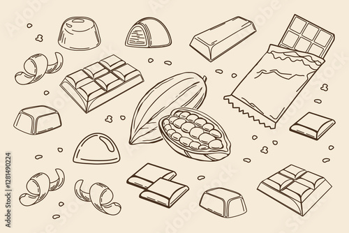 Chocolate set outline icons. Drawn candies, cocoa beans, chips and chocolate bar for confectionery shop.Illustration in sketch retro style