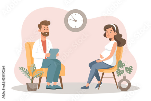 Pregnant woman sitting with doctor. Prenatal doctor consultation. Monitoring pregnancy and healthy. Flat style illustration. 