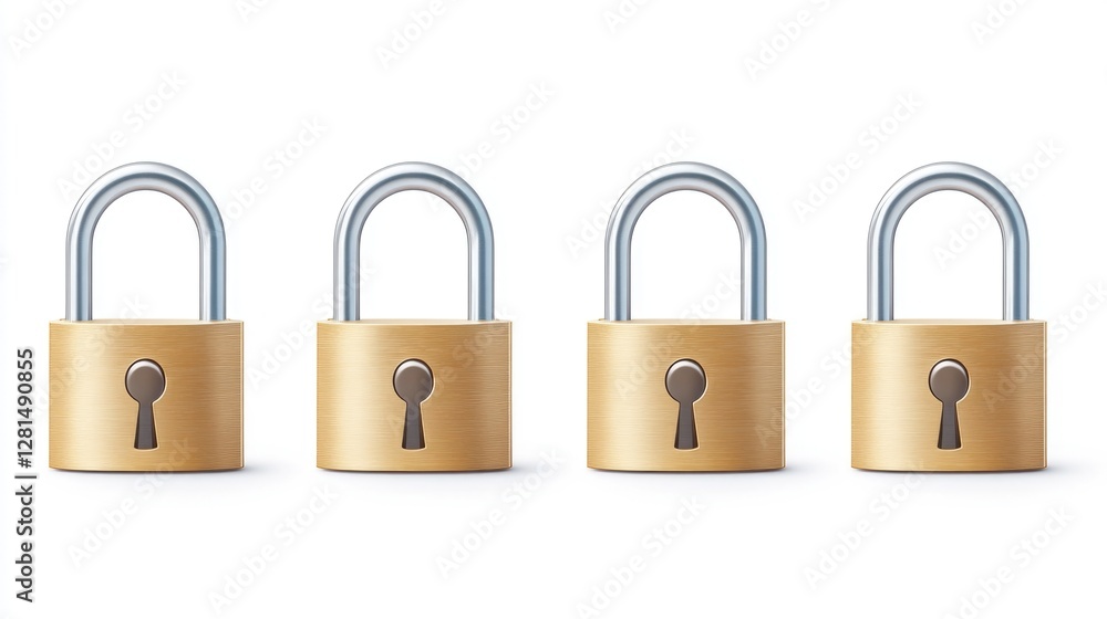 A collection of five metallic locks in a row A collection of five metallic locks in a row