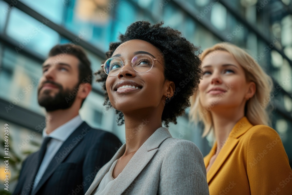Smiling people in suits looking forward, symbolizing teamwork and success in corporate environment.