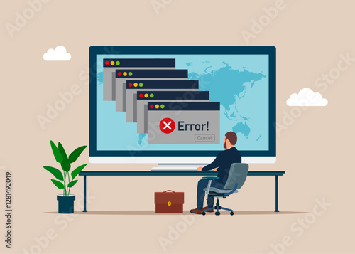 Businessman at desk looking at large computer screen with Error message computer window alert popup logo design. Simple Browser window. Error page template. Error file not found on website page. 