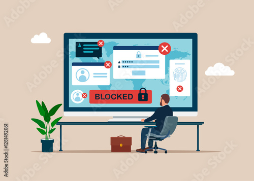 Businessman at desk looking at large computer screen with Blocked ID card. Hacker Cyber Attack, Censorship. Modern vector illustration in flat style.
