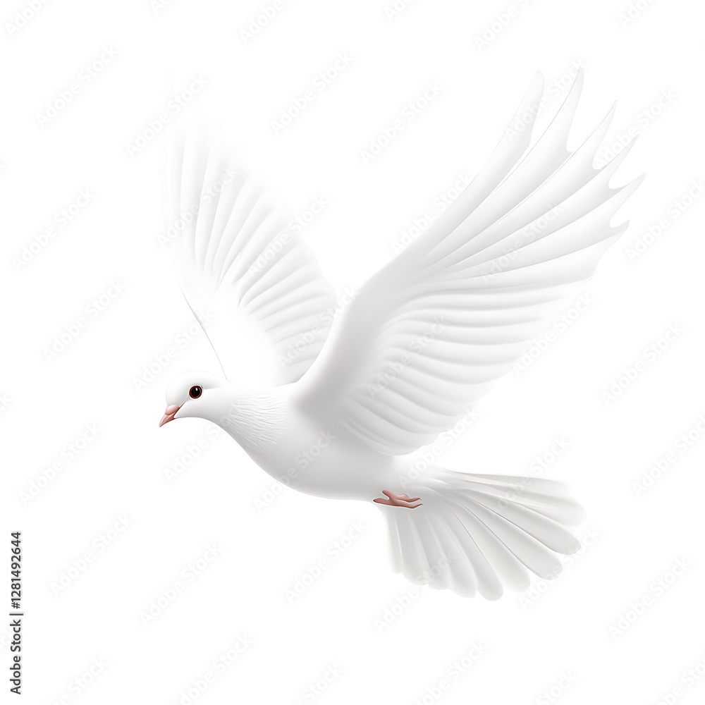 Fototapeta premium Graceful white dove flying with wings spread wide isolated on a plain transparent background symbolizing peace and hope.