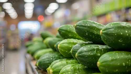 Fresh Cucumbers on Display in Supermarket, Close-up Shot