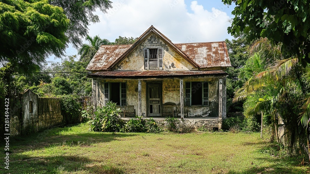 A very ugly old house next to a lush tree A very ugly old house next to a lush tree