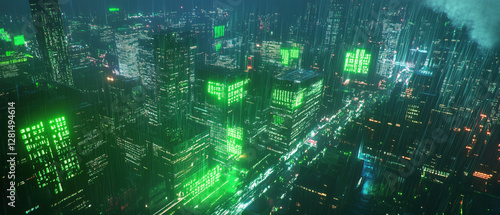 Hacker’s Vision of the Matrix – Glowing Digital Code Rain in a Cyberpunk Virtual World