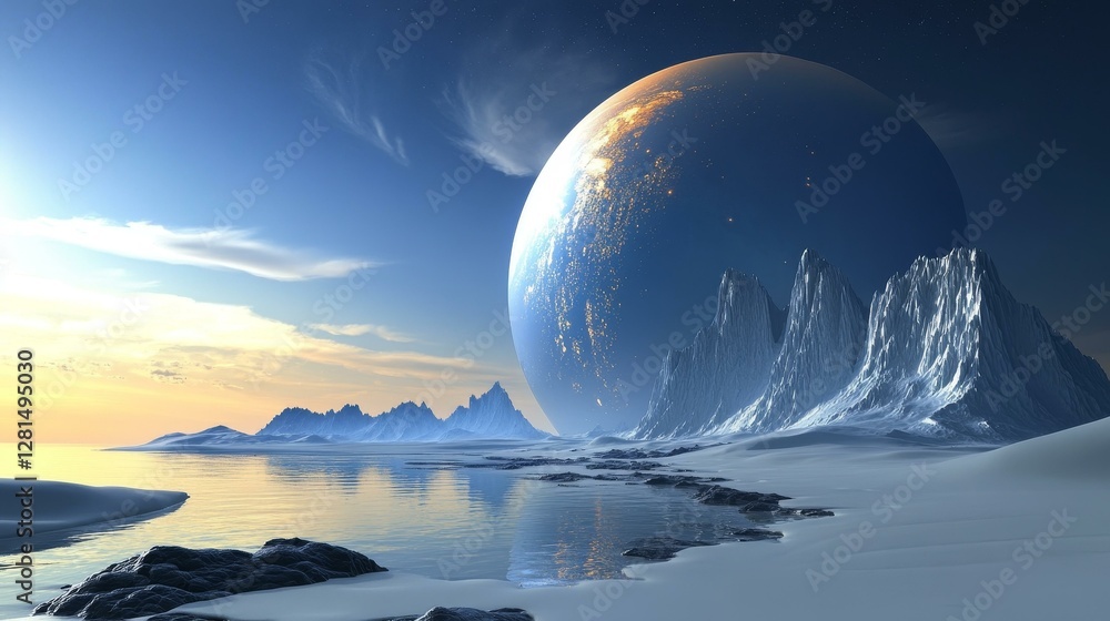 Alien Planet Sunrise Over Frozen Coastline Alien Planet Sunrise Over Frozen Coastline