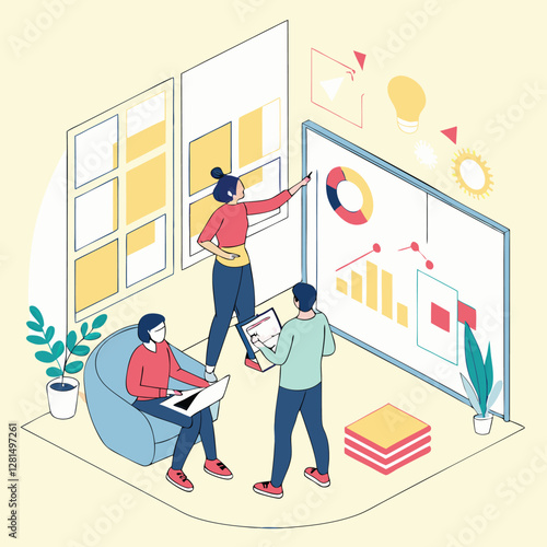 Creative startup brainstorming session with charts and sticky notes