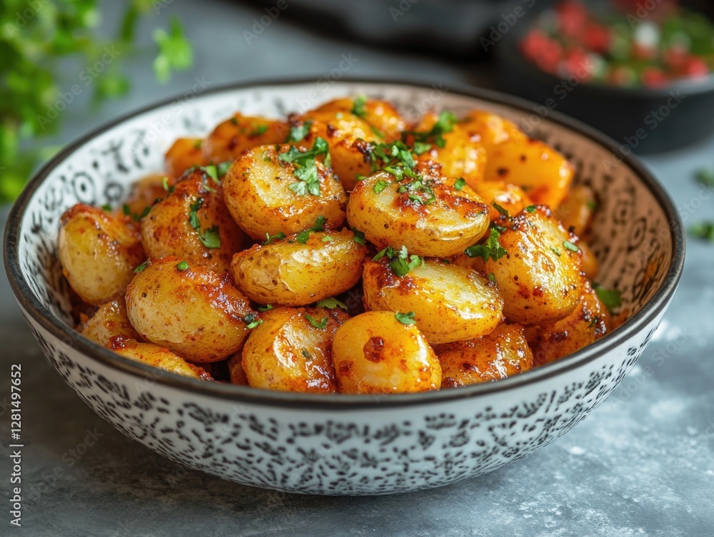 Cooked tofu in a spicy tomato sauce, served on top of potatoes in a black bowl with a white pattern and green herbs as garnish. Cooked tofu in a spicy tomato sauce, served on top of potatoes in a black bowl with a white pattern and green herbs as garnish.
