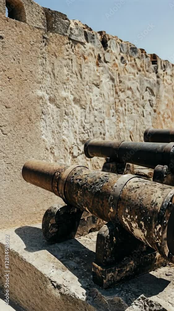 Historic cannons positioned against a weathered stone wall in an ancient fort during a sunny afternoon Historic cannons positioned against a weathered stone wall in an ancient fort during a sunny afternoon