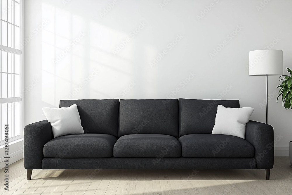Fototapeta premium Modern Minimalist Living Room Interior Design with Dark Sofa