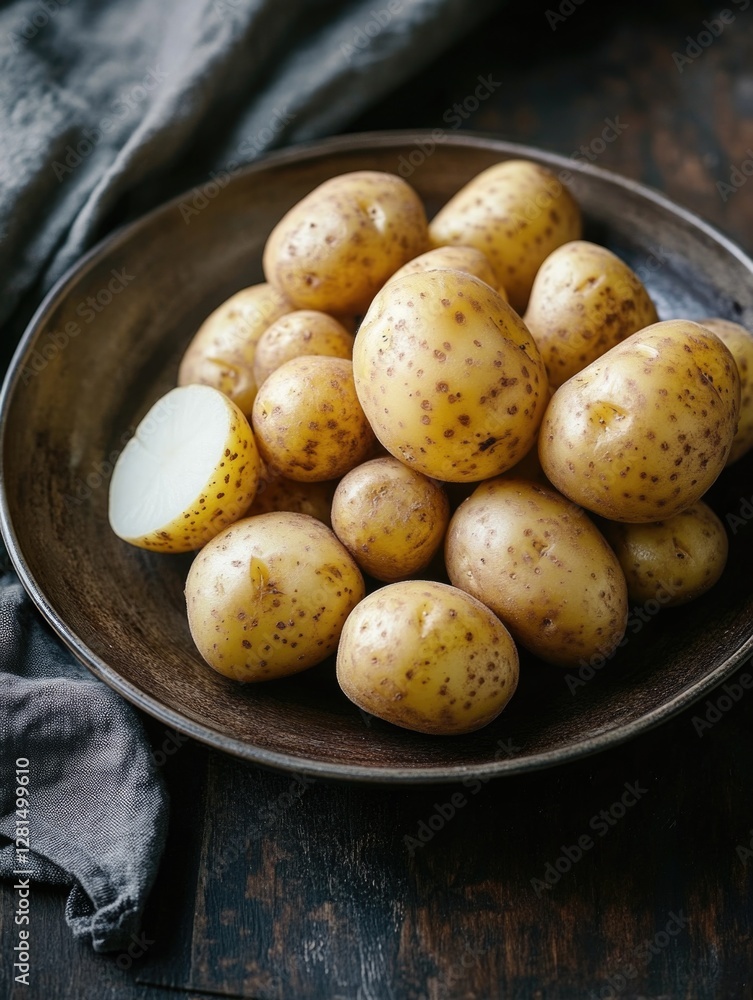 A close up of roasted potatoes seasoned and garnished with lemon slices, served on a wooden table. A close up of roasted potatoes seasoned and garnished with lemon slices, served on a wooden table.