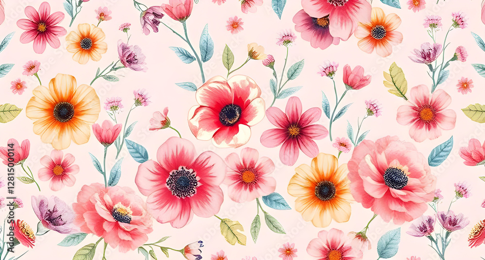 A beautiful floral pattern with various flowers in pastel colors on a light pink background A beautiful floral pattern with various flowers in pastel colors on a light pink background