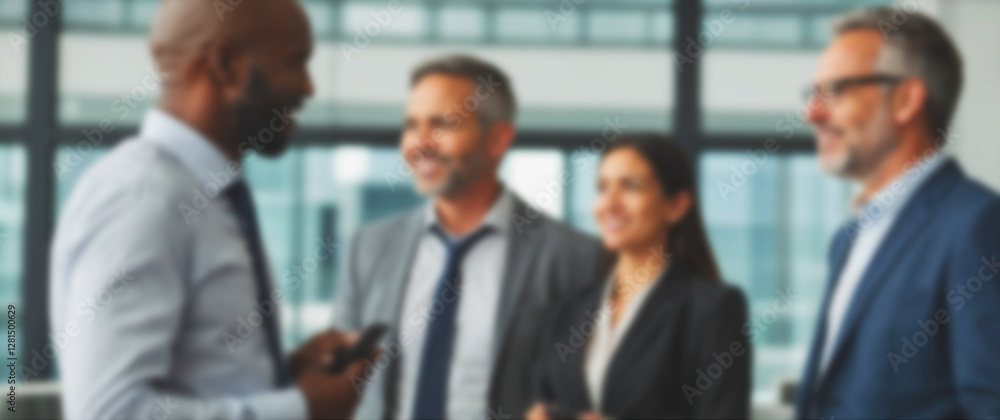 Professionals in a lively conversation, with a gently obscured urban backdrop Professionals in a lively conversation, with a gently obscured urban backdrop