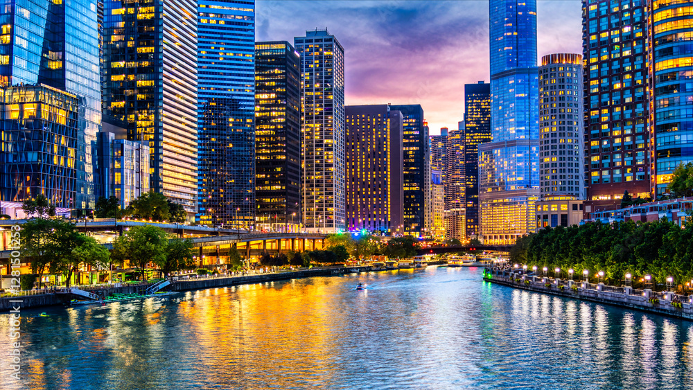 Chicago riverfront and skyline at dusk. Chicago is the most populous city in the US state of Illinois and in the Midwestern United States.