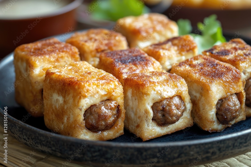 A plate of bite-sized sushi rolls, served on a black platter with sauce on the side. This appetizer is perfect for sharing at a gathering or as an easy meal option. A plate of bite-sized sushi rolls, served on a black platter with sauce on the side. This appetizer is perfect for sharing at a gathering or as an easy meal option.