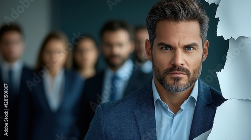 Confident Businessman Emerging from a Ripped Paper Background, Leading a Team
