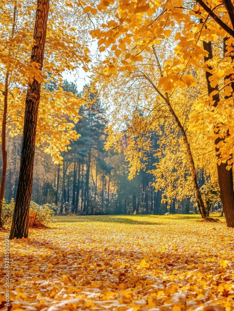 Fototapeta premium Serene autumn forest landscape with golden foliage covering the ground creating a tranquil atmosphere and inviting natural beauty perfect for seasonal themes