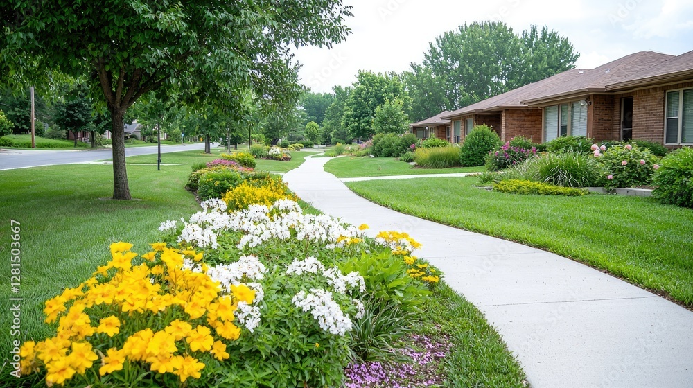 Obraz premium Winding concrete sidewalk lined with vibrant yellow and white flowers passes by green lawns and brick suburban houses on a bright summer day.