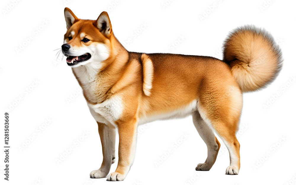 A playful Shiba Inu with a curled tail and a happy expression, isolated on a empty plain background A playful Shiba Inu with a curled tail and a happy expression, isolated on a empty plain background