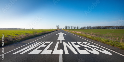 Wallpaper Mural A straight road stretching into the distance with the word "wellness" painted across the lanes, symbolizing the journey toward health and well-being. Torontodigital.ca