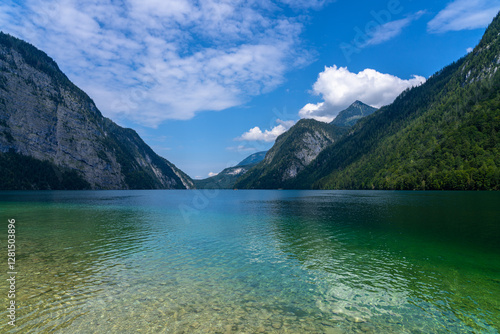 Stunning panorama view of Konigssee Lake with Bavarian alps in background and beautiful green  water in summer, Berchtesgaden, Bavaria, Germany