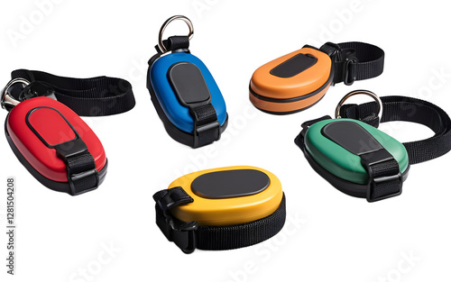 A set of pet training clickers with wrist straps, isolated on a empty plain background photo