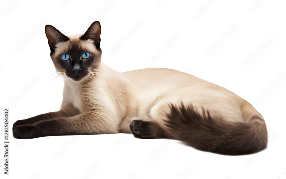 A sleek Siamese cat stretching with its tail raised, isolated on a empty plain background A sleek Siamese cat stretching with its tail raised, isolated on a empty plain background