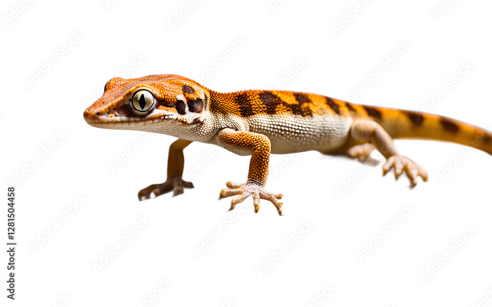 A small gecko clinging to a piece of driftwood, isolated on a empty plain background A small gecko clinging to a piece of driftwood, isolated on a empty plain background