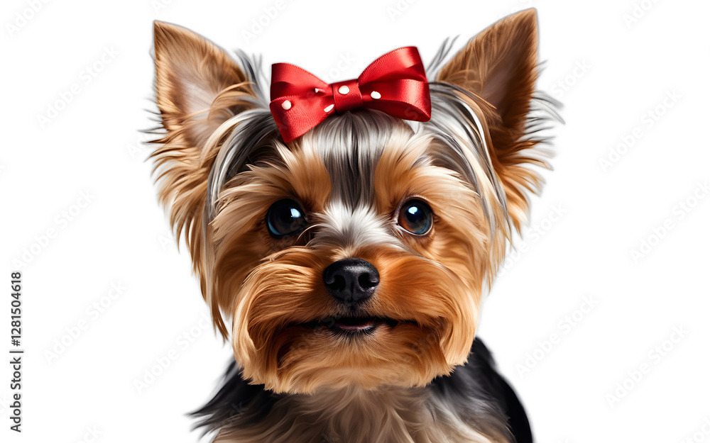 A small Yorkshire Terrier with a cute bow on its head, isolated on a empty plain background A small Yorkshire Terrier with a cute bow on its head, isolated on a empty plain background