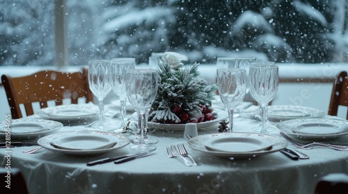 A table setting for a Christmas dinner with place cards, candles, and wine glasses. The snow falling outside completes the festive atmosphere. photo