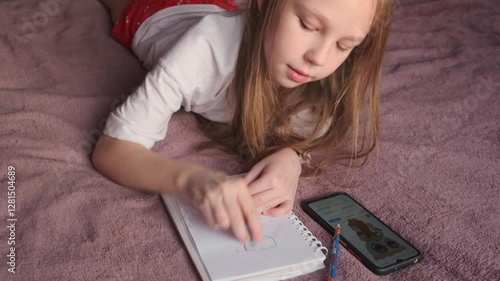 A charming image of a 9-year-old girl drawing a character from her phone in a notebook on a cozy purple blanket. Perfect for education or creative lifestyle content.
