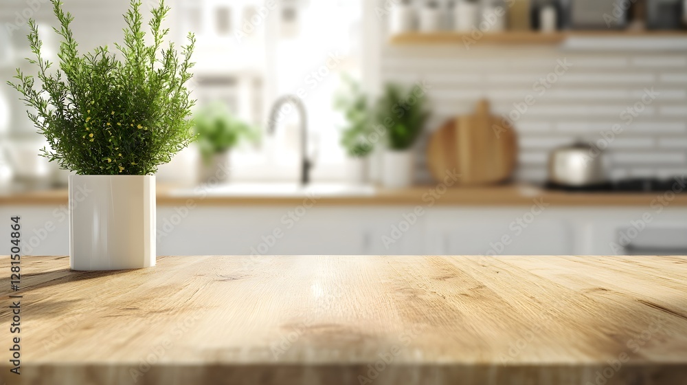 Close-up view of a wooden kitchen countertop with potted green plant on kitchen blur background. front view, light wood table top plank, empty space Close-up view of a wooden kitchen countertop with potted green plant on kitchen blur background. front view, light wood table top plank, empty space